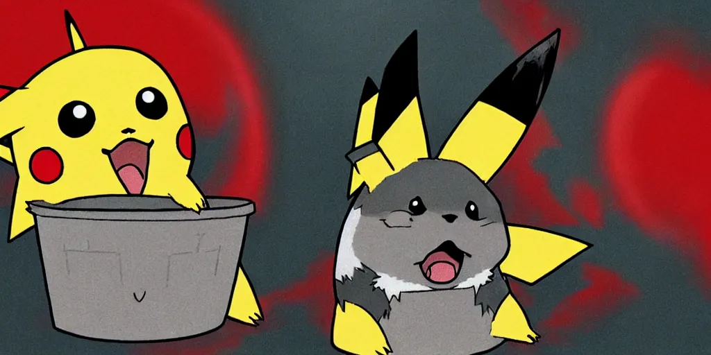 Image similar to pikachu devouring a dog sharp teeth burtal eyes scary mouth dark room red candles trash bin