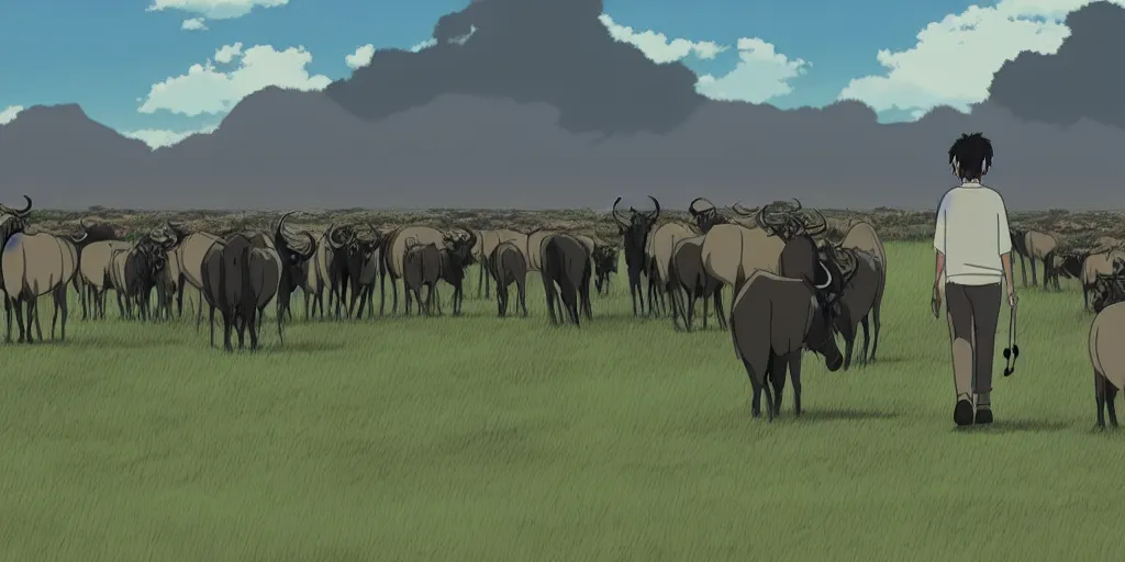 Prompt: very dull colors, hd. a cell - shaded studio ghibli cartoon of a grey scientist walking through a herd of wildebeest.