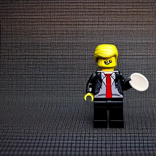 Image similar to lego figurine of donald trump, studio lighting, macro lens, high quality