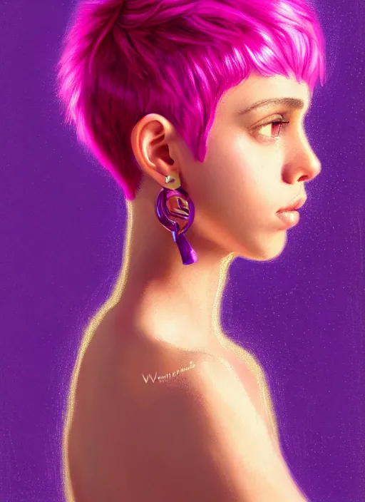 Image similar to portrait of teenage vanessa morgan with bright pink hair, curly pixie cut hair, wearing a purple breton cap, breton cap, hoop earrings, intricate, elegant, glowing lights, highly detailed, digital painting, artstation, concept art, smooth, sharp focus, illustration, art by wlop, mars ravelo and greg rutkowski