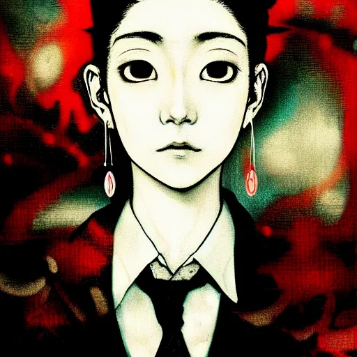 Prompt: yoshitaka amano blurred and dreamy realistic three quarter angle horror portrait of a sinister young woman with short hair, big earrings and white eyes wearing office suit with tie, black and white junji ito abstract patterns in the background, satoshi kon anime, noisy film grain effect, highly detailed, renaissance oil painting, weird portrait angle, blurred lost edges