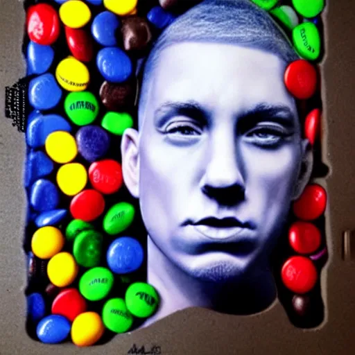 Image similar to portrait of eminem made out of m & m candy