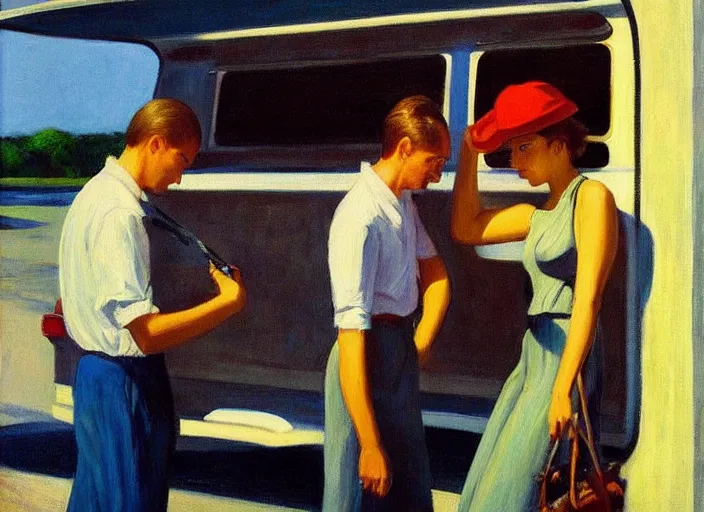 Image similar to painting, two young men and women near vw bus, by edward hopper, bernardo bertolucci dreamers movie scene