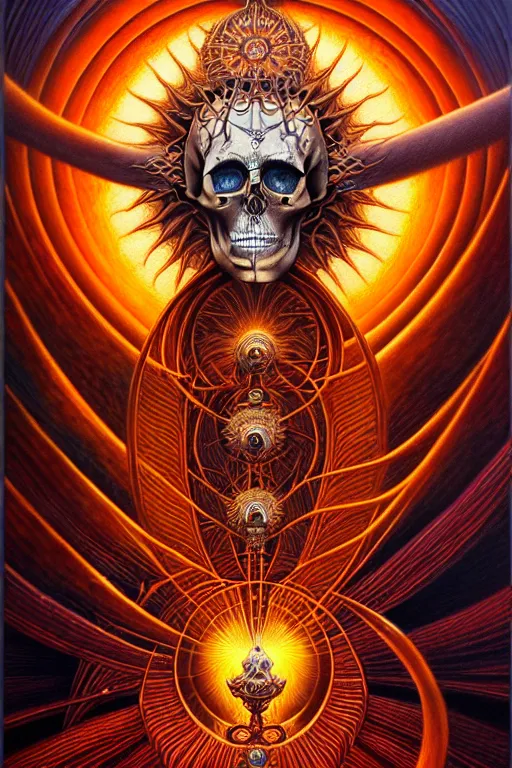 Image similar to A beautiful detailed orixa sun godness, tarot card, by tomasz alen kopera and Justin Gerard, symmetrical features, ominous, magical realism, texture, intricate, ornate, royally decorated, skull, skeleton, whirling smoke, embers, red adornements, red torn fabric, radiant colors, fantasy, trending on artstation, volumetric lighting, micro details, 3d sculpture, ray tracing, 8k, anaglyph effect