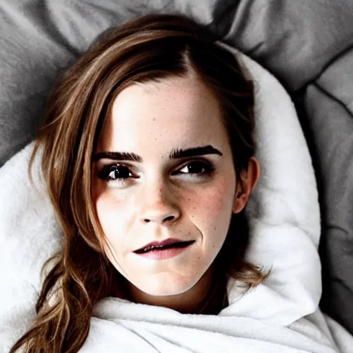 Prompt: emma watson waiting for you in bed at night while smiling shyly, messy hair bedhead, very sleepy and shy, bare shoulders, comforting, covered in little white blanket, dim cool lighting