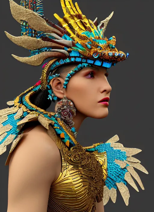 Image similar to 3 d goddess close - up profile portrait. beautiful intricate highly detailed mexican magpie helm and traditional mexican huipil! quetzalcoatl, stingray, bio luminescent, plasma, lava, ice, water, wind, stormy, creature, artwork by tooth wu and wlop and annie leibovitz, octane 3 d render