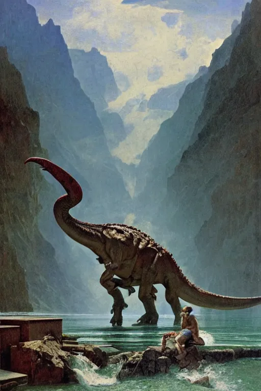 Image similar to a huge dinosaur demon emerges from lake in canadian rockies watched by three people, water splashes cascades, beautiful day, by albert bierstadt, ruan jia, lawrence alma tadema, zdzislaw beksinski, carl spitzweg, everett raymond kinstler, norman rockwell, jack kirby, tom lovell, greg staples