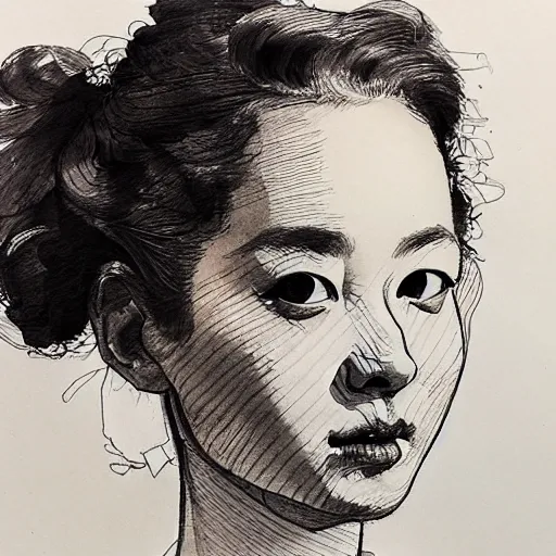 Prompt: ink drawing portrait of a woman in suit byjung gi kim, jenny saville, rembrandt and raphael and edward hopper