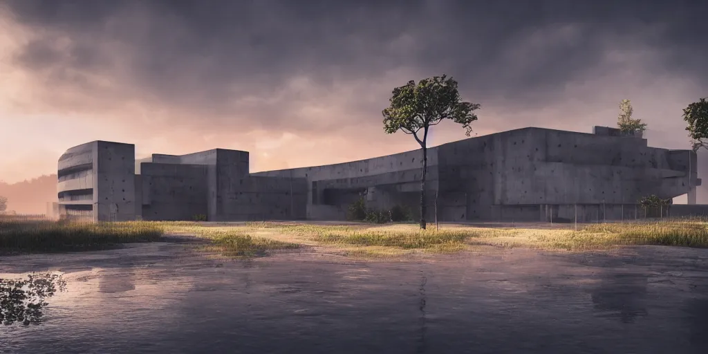 Image similar to render of huge futuristic concrete building by le corbusier, puddles of water, trees and bushes, dune style, neon glow, vivid color, moody lighting, unreal engine, bright sunrise, epic skies, foggy