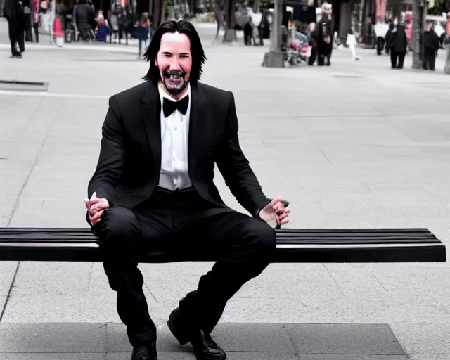 Image similar to photo of happy keanu reeves in jeans and black tux jacket sitting on a bench in the street. dof. lifelike. ultra detailed. intricate. soft light. nikon d 8 5 0.