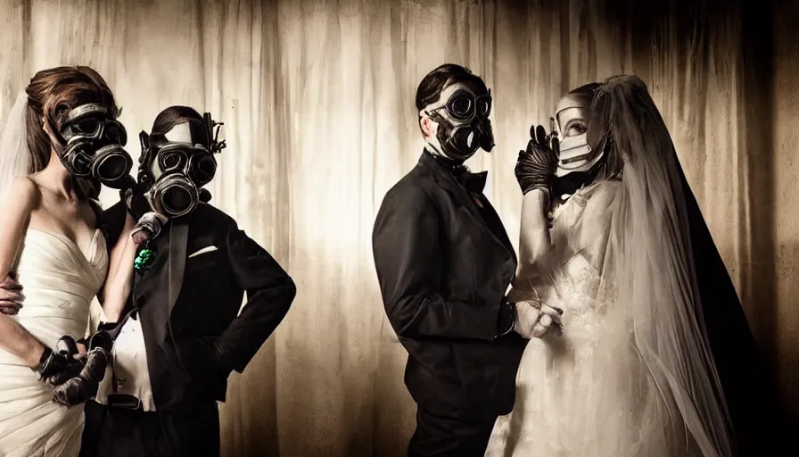 Image similar to disturbing big budget hollywood movie bride and groom wearing gas masks at the marriage of reason and squalor perfect composition dramatic lighting chiaroscuro