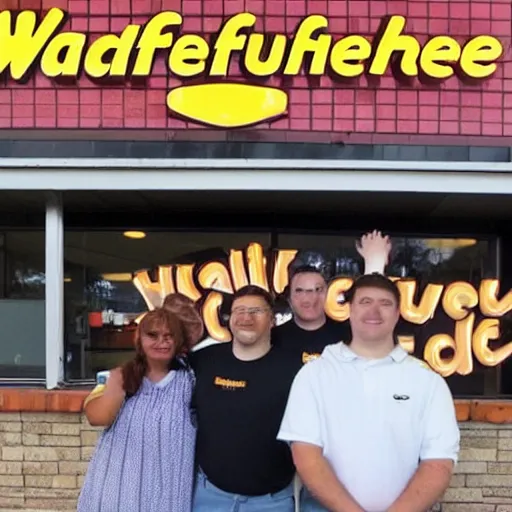 Image similar to wafflehouse employee's standing below wafflehouse sign