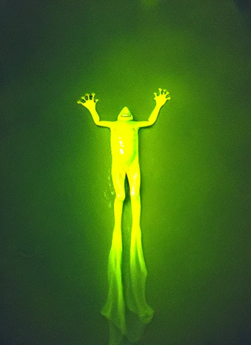 Prompt: “translucent frog amphibian vertically hovering over misty lake waters in jesus christ pose, smiling, low angle, long cinematic shot by Andrei Tarkovsky, paranormal, eerie, mystical”