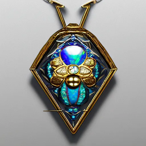 Image similar to jewelry engraved in scarab, beetle, opal diamond, art noveau, art deco, 8k , artstation, render, elegant, album art, artistic, billelis, decorative art