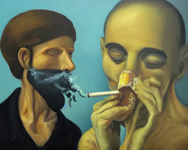 Image similar to a surreal painting of man smoking a joint