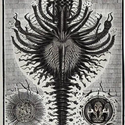 Image similar to bizarre bestiary of repressed unconscious emotional monsters and creatures, illustrated by Ernst Haeckel and Robert Fludd