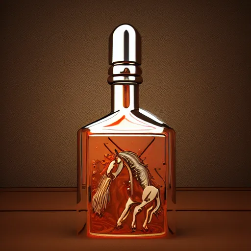 Image similar to transparent ancient magical potion flask engraved stallion, raytracing, caustics, orthographic 3d rendering