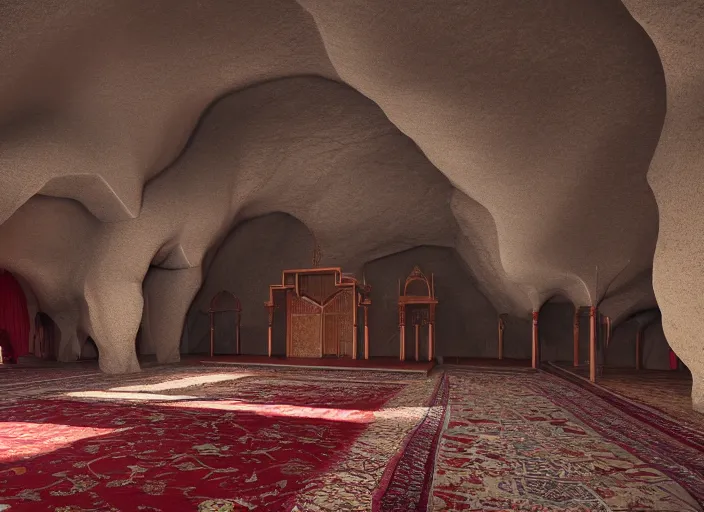 Prompt: a mosque inside a cave, red iranian rug, holy by caspar david friedrich by james gilleard and justin gerard, artstation, smooth, sharp focus, by jean baptiste, octane render