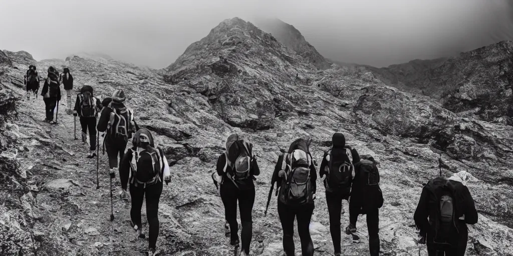 Prompt: A hiking group walking up to a giant black cloud, horror movie cinematic, rain stormy fog, terrifying nightmare