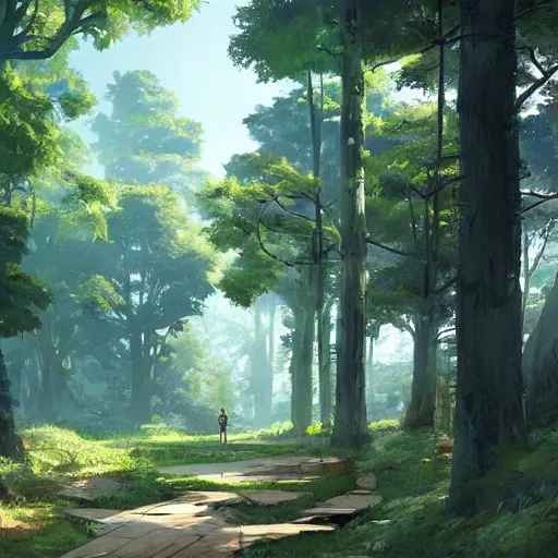 Prompt: concept art painting of trees with doors and windows, walkways between trees, in a deep forest, realistic, detailed, cel shaded, in the style of makoto shinkai and greg rutkowski and james gurney