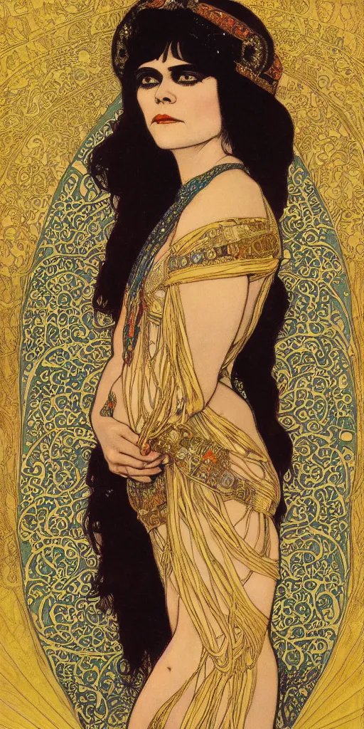 Prompt: realistic detailed Art Nouveau lithograph portrait of Theda Bara as Cleopatra in an elaborate costume by Alphonse Mucha, Gustav Klimt, and Leon Bakst