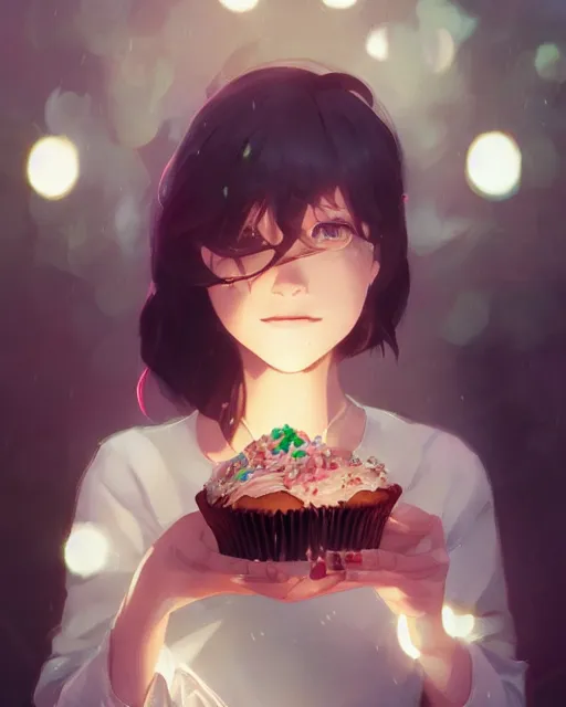 Image similar to a woman eating a cupcake, full shot, atmospheric lighting, detailed face, by makoto shinkai, stanley artgerm lau, wlop, rossdraws