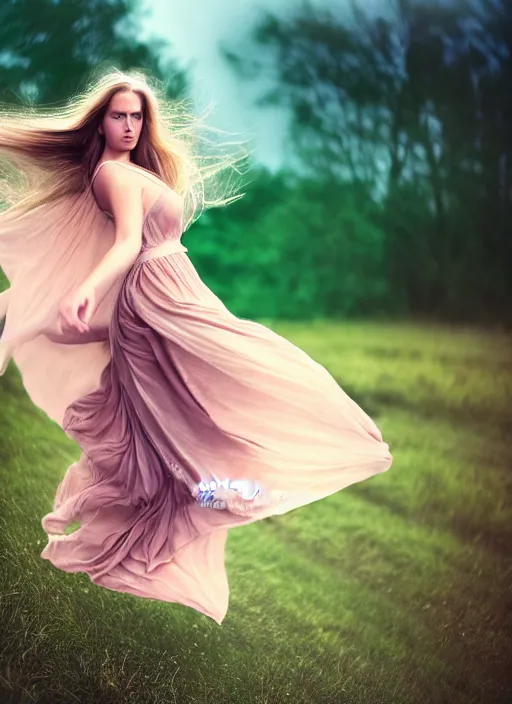 Prompt: cinestill 5 0 d portrait photo of a beautiful woman, britt marling 3 / 4, delicate, subsurface scattering, long hair floating in air in style of gilles zimmermann, 1 5 0 mm, windy mood, dress in voile, mute dramatic colours, soft blur outdoor stormy background, volumetric lighting, hyper detailed, hyper realistic