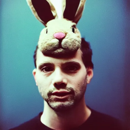 Image similar to grainy head to shoulder portrait polaroid film photograph of a man wearing a bunny costume in a rave party. looking at the camera!!. super resolution. extremely detailed. polaroid 6 0 0 film. by annie leibovitz and richard avedon