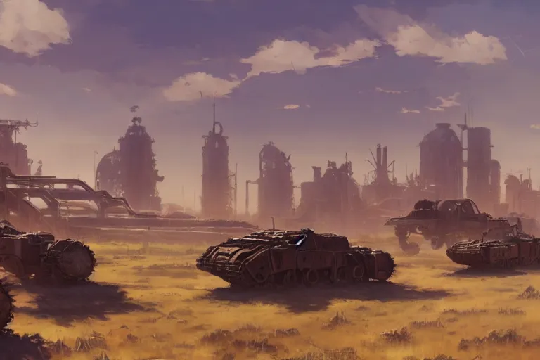 Image similar to concept art of a dry, dusty field with ruined dieselpunk orcish tanks in the background, key visual, ambient lighting, highly detailed, digital painting, artstation, concept art, sharp focus, by makoto shinkai and akihiko yoshida and hidari and wlop