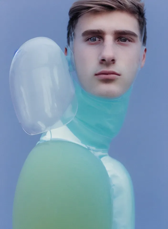 Image similar to high quality pastel coloured film portrait photograph of a beautiful young 2 0 year old male, soft features, short hair, wearing perspex space mask visor and oversized inflated clothing!! icelandic black rock pool environment. atmospheric three point light. photographic. art directed. ( pastel colours ). volumetric. clearcoat. waves. 8 k. filmic.