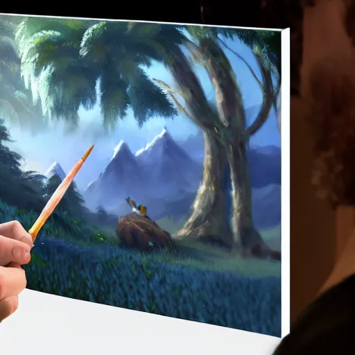Image similar to a closeup photorealistic photograph of bob ross working on a canvas painting sonic the hedgehog. film still. brightly lit scene. mountain scape. this 4 k hd image is trending on artstation, featured on behance, well - rendered, extra crisp, features intricate detail, epic composition and the style of unreal engine.