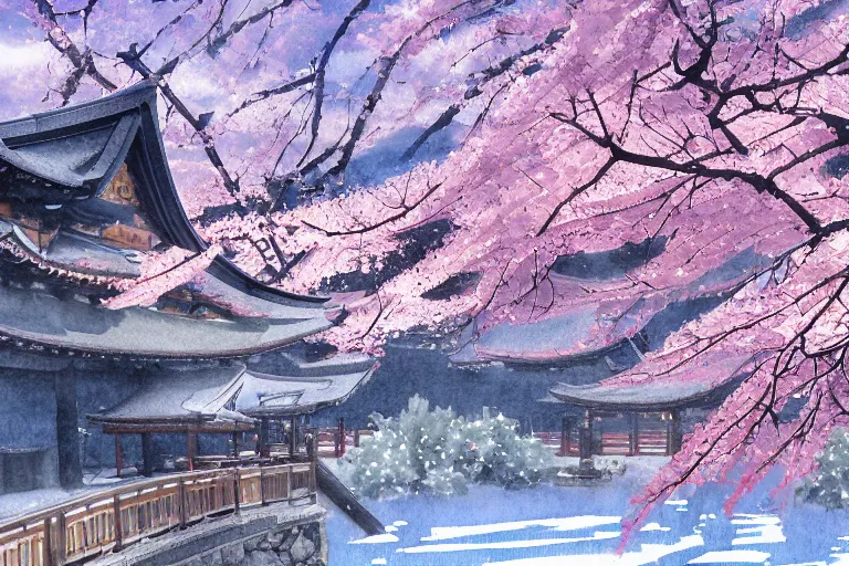 Prompt: japanese 寺 in a 雪 landscape surrounded by 桜, long shot, watercolour painting, 4k, artstation