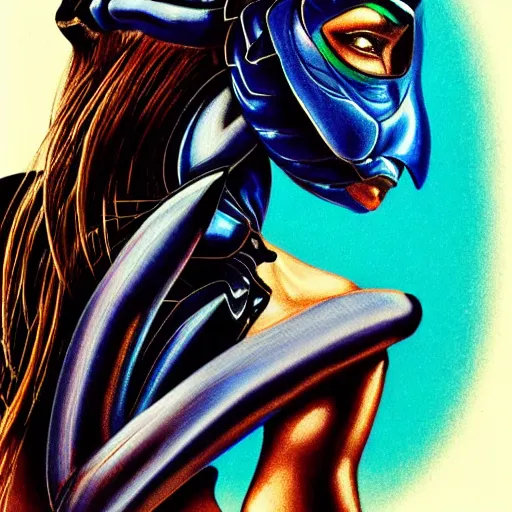 Image similar to woman holding bionic blue black scorpion, 1 9 8 0's art, retro art, airbrush style, intricate, elegant, sharp focus, illustration, highly detailed, concept art, matte, sharp focus, illustration, highly detailed, h 8 0 0 c 1 0. 0