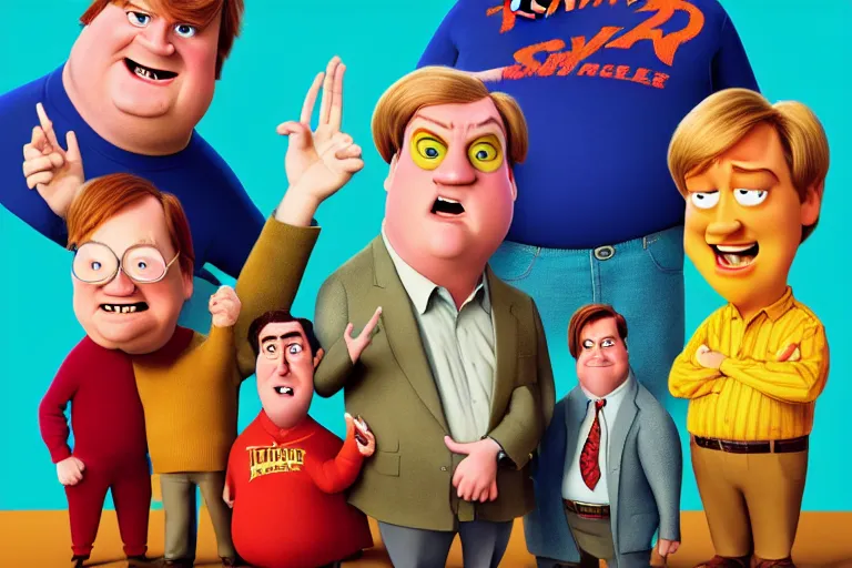Image similar to pixar poster for the tommy boy with chris farley and david spade ; 8 k uhd ; very detailed, focused, colorful, antoine pierre mongin, trending on artstation ;