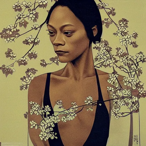 Prompt: “ zoe saldana portrait by ikenaga yasunari and ayana otake and ko rakusui, 6 0 s poster, drawing, realistic, sharp focus, japanese, dreamy, nostalgia, faded, golden hues, floral clothes ”