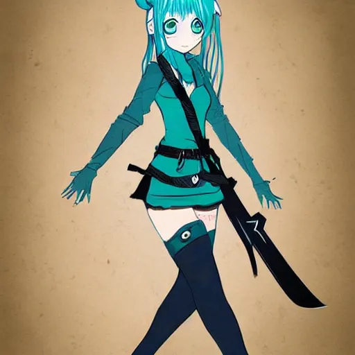 Prompt: concept art of a girl with teal, messy hair that has knives instead of hands, character design, by ross draws, anime style