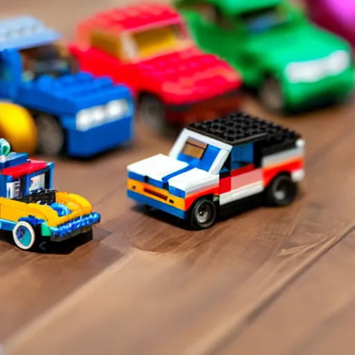 Image similar to tilt-shift photography of a group of Hotwheels cars racing on a hardwood floor, Lego minifigures are cheering them on in the background