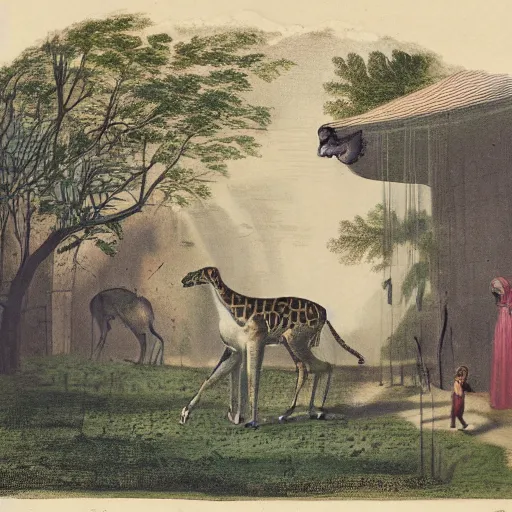 Image similar to an unexpected visitor to the zoo, color photograph in 1 8 3 2 new york