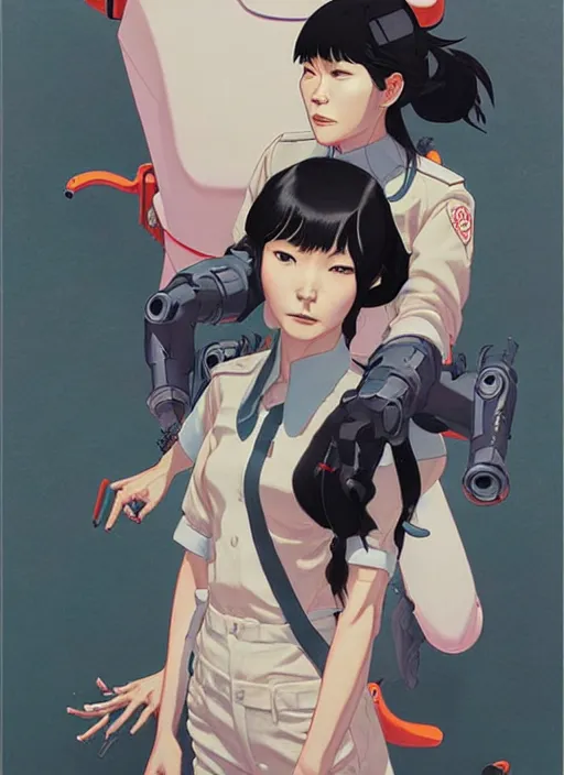 Image similar to Artwork by James Jean and Phil noto and hiyao Miyazaki; a young Japanese future police lady named Yoshimi battles an evil natures carnivorous robot on the streets of Tokyo; Art work by Phil noto and James Jean