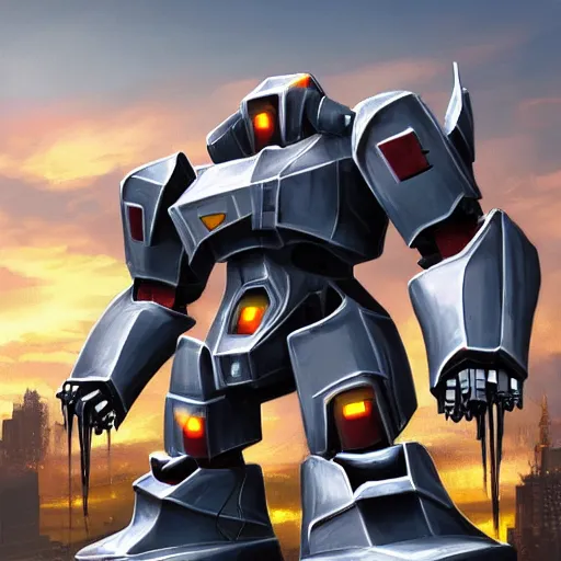 Prompt: giant knight mech destroying a city