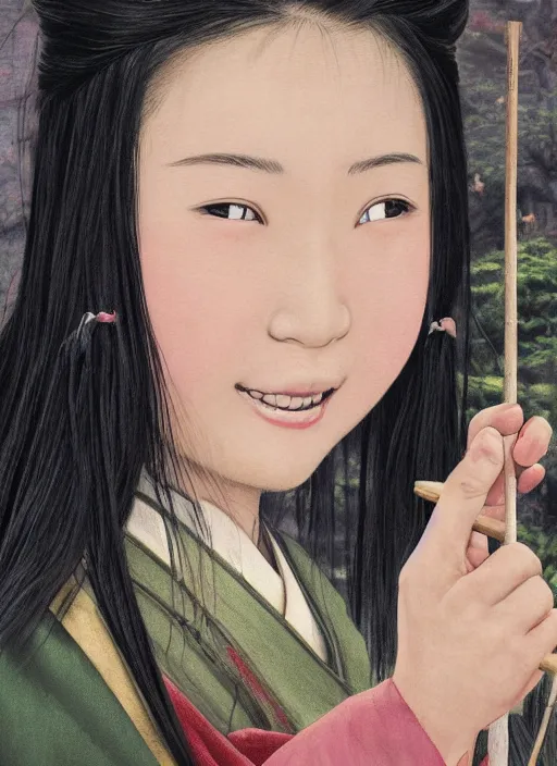 Prompt: close-up portrait of young japanese sorceress, smiling, with black pigtails, with round face, with small eyes, with small nose, with arms bare, with a wooden staff, in a garden,, painting in the museum, highly detailed, sharp focus, digital painting, artwork by Kinkade, by Victor Adame Minguez by Yuumei by Tom Lovell by Sandro Botticelli