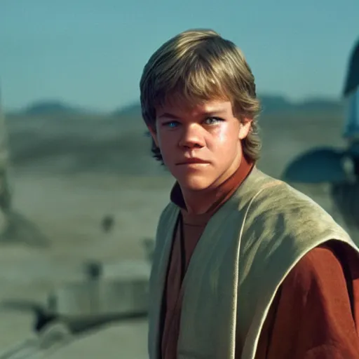 Image similar to young matt damon as luke skywalker in star wars episode 6, 8k resolution, full HD, cinematic lighting, award winning, anatomically correct