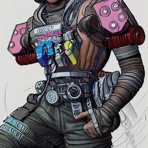 Image similar to Apex legends cyberpunk weight lifter. Concept art by James Gurney and Mœbius.