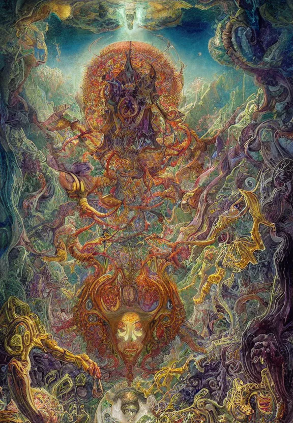 Image similar to simplicity, colorful muscular eldritch demons radiating town fractal, mandala, white bones, colorful gems, by h. r. giger and esao andrews and maria sibylla merian eugene delacroix, gustave dore, thomas moran, pop art, chiaroscuro, biopunk, art nouveau