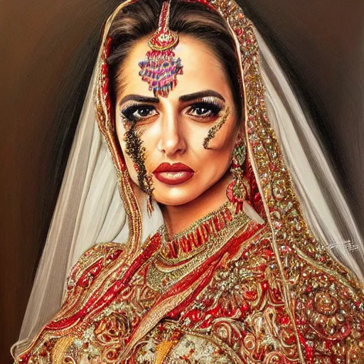 Prompt: full body portrait of a beautiful Kurdish bride wearing beautiful a beautiful wedding dress, very detailed eyes, hyperrealistic, beautiful, very detailed painting by Glenn Fabry, trending on artstation, extremely high detail, incredibly intricate