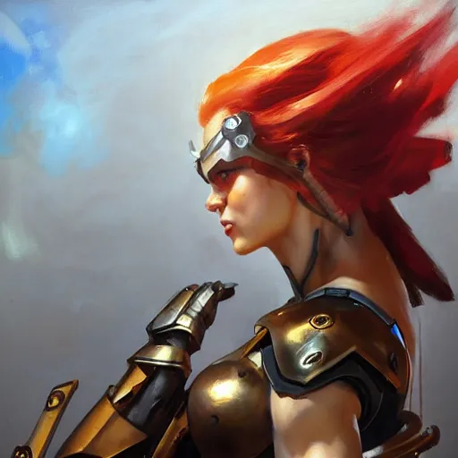 Image similar to greg manchess portrait painting of partially armored female kratos as overwatch character, medium shot, asymmetrical, profile picture, organic painting, sunny day, matte painting, bold shapes, hard edges, street art, trending on artstation, by huang guangjian, gil elvgren, ruan jia, greg rutkowski, gaston bussiere