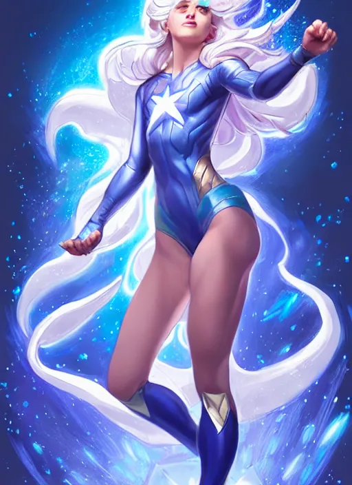 Image similar to full body portrait of quicksilver as a magical star guardian. detailed face, concept art, intricate, highly detailed 8 k, smooth, sharp focus, beautiful and aesthetic shape of face and body, artgerm, artstation, art by zexi guo and nira and junpei suzuki and gharliera and rinotuna