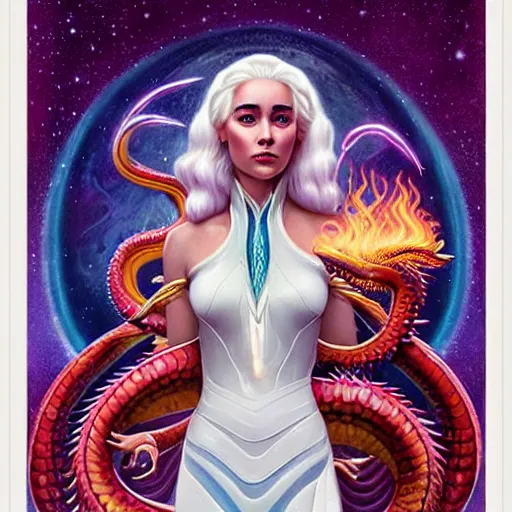 Prompt: cosmic stunning daenerys targaryen portrait with her serpent dragon of fire flame, queen of dragons, fire flaming dragon serpent, Pixar style, by Tristan Eaton Stanley Artgerm and Tom Bagshaw.