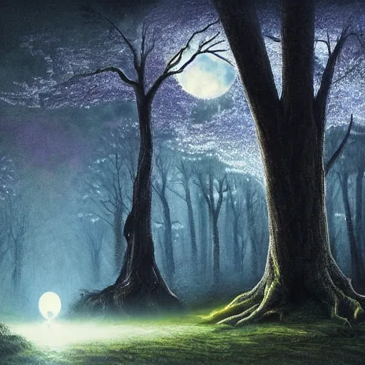 Image similar to an ultra detailed painting of a fantasy forest at night, at the side of a pond is gigantic ancient tree, sitting in the ancient tree is a girl in a white dress, the moon can be glimpsed through the trees and is veiled by fog, fog obscures the background, towering forest, midnight, dark fantasy