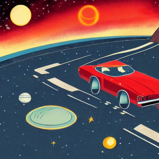 Image similar to 1960s car on a road in space driving towards a planet, trending on art station